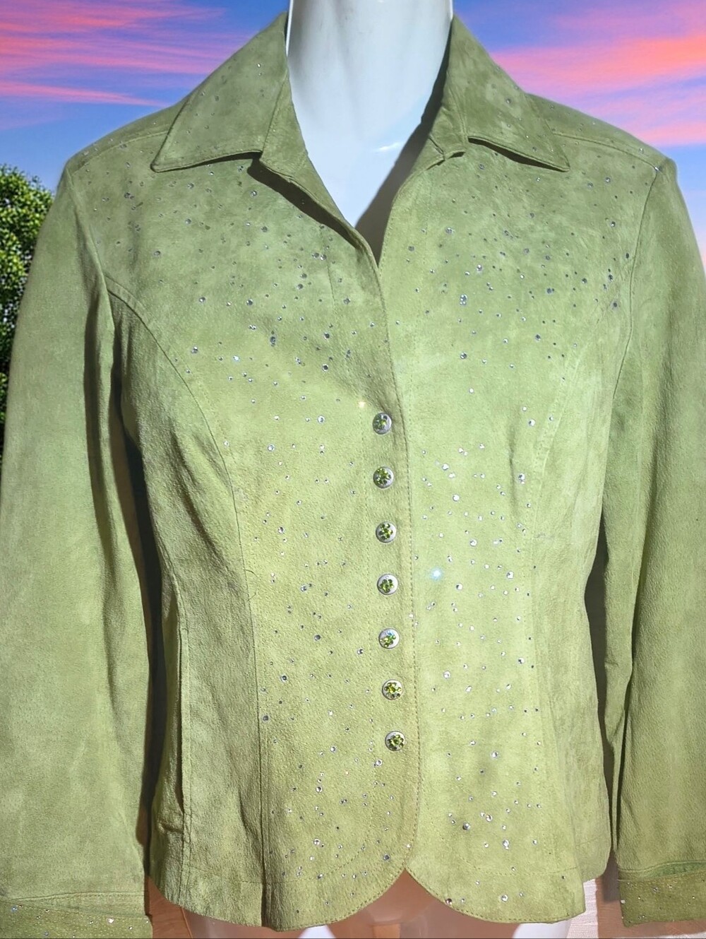 Women's Suede Leather Blazer With Crystal Rhinestones SM, Green, Custom Design